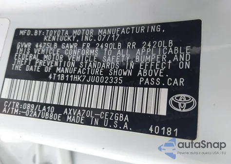 2018 Toyota Camry Xle из США, поврежденный, VIN 4T1B11HK7JU002335